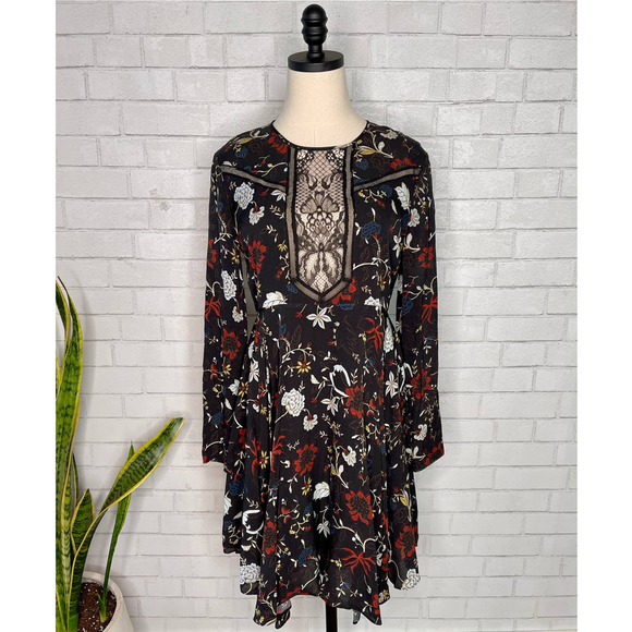 New! ALC 4 Dark Floral 100% SILK $695 Lace Cynthia Long Sleeve Fit Flare Dress - Picture 2 of 12